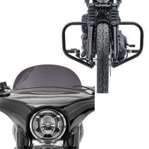 Sett: Crash bar egnet for Harley Davidson Softail 18-24 motorbeskyttelsesstang HB4 svart Craftride + frontrute egnet for Harley Davidson Sport Glide 18-24 Craftride M frontrute mørk tonet