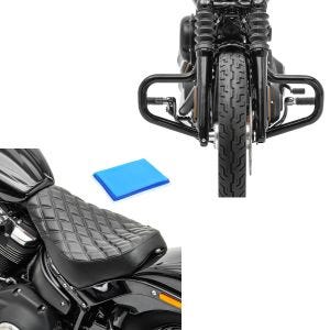 Sett: Crash bar Bart egnet for Harley Davidson Softail Street Bob / Standard 18-24 Craftride svart + Solo sete gel egnet for Harley Davidson Softail Street Bob / Standard 18-24 sete DS4
