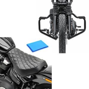Sett: Crash bar Bart egnet for Harley Davidson Softail 18-24 Crash bar 32mm svart Craftride + Solo sete gel egnet for Harley Davidson Softail Street Bob / Standard 18-24 sete DS4