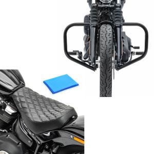 Sett: Crash bar egnet for Harley Davidson Softail 18-24 Motorbeskyttelsesstang HB4 svart Craftride + Solo sete gel egnet for Harley Davidson Softail Street Bob / Standard 18-24 sete DS4