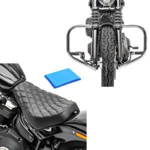 Sett: Crash bar egnet for Harley Davidson Softail 18-24 Motorbeskyttelsesstang HB4 krom Craftride + Solo sete gel egnet for Harley Davidson Softail Street Bob / Standard 18-24 sete DS4