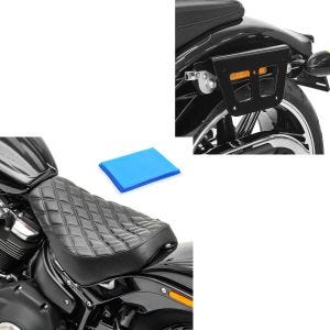 Sett: Sadelveskeholder egnet for Harley Davidson Softail Street Bob 18-24 koffertstativ flyttbar Craftride QL venstre + Solo sete gel egnet for Harley Davidson Softail Street Bob / Standard 18-24 sete DS4