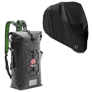 Sett: Motorsykkel ryggsekk hale bag med rulle lukking, vanntett tørr bag WPX Bagtecs med presenning XL deksel svart