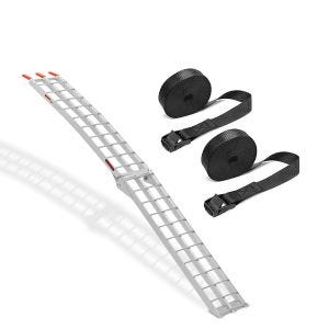 Sett: Motorsykkeltilgangsrampe opp til 340 kg Alu-II rullebeskyttelse ConStands med motorsykkelsurrestropp sett surrestropper 150cm 2 stk svart
