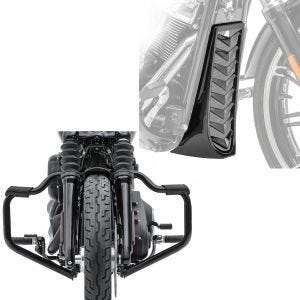 Sett: Frontspoiler egnet for Harley Davidson Softail 18-24 Radiatordeksel Craftride CV4 + Crash bar Bart egnet for Harley Davidson Softail Sport Glide 18-24 svart 32mm Craftride