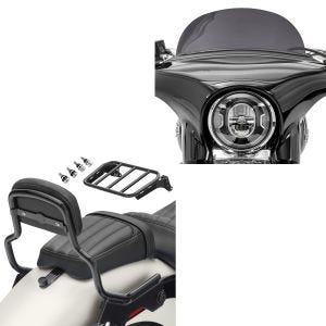 Sett: Sissy bar egnet for Harley Davidson Sport Glide 18-24 XS med bagasjehylle og docking svart Craftride + frontrute egnet for Harley Davidson Sport Glide 18-24 Craftride M frontrute mørk tonet