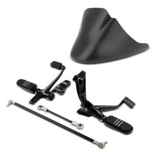 Sett: frontspoiler egnet for Harley Davidson Sportster 04-20 motorspoiler Craftride CP4 matt svart + motorsykkel fremre fotstøttesystem egnet for Harley Davidson Sportster 04-13 Craftride i svart