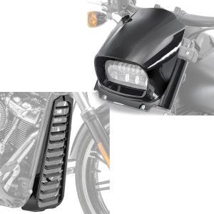 Sett: Frontspoiler egnet for Harley Davidson Softail Fat Bob / 114 18-24 Radiatordeksel Craftride CV6 + frontlykt frontmaske egnet for Harley Davidson Softail Fat Bob 114 18-24 Fly Screen Craftride svart