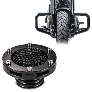 Sett: Motorsykkel CNC tanklokk egnet for chopper / tilpasset sykkel tanklokk Craftride TD6 svart CB22932 + crash bar Moustache II egnet for Harley Davidson Softail Fat Bob 114 18-24 svart