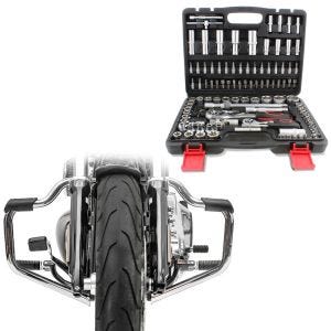 Sett: Pipenøkkelsett egnet for chopper / tilpasset sykkel 108 deler Tourtecs skralleboks CB49763 + crashbar Bart egnet for Harley Davidson Softail Sport Glide 18-24 krom 32mm Craftride