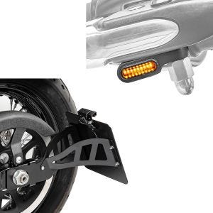 Sett: Sideskiltholder egnet for Harley Davidson Dyna Street Bob 06-17 CRB Craftride svart + LED styreindikatorer universal XS for styrebeslag med E-mark Lumitecs tonet