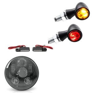 Sett LED hovedlys 5,75" + LED styreblinklys M2 med E-merke tonet + LED-blinklys med bak- og bremselys tonet