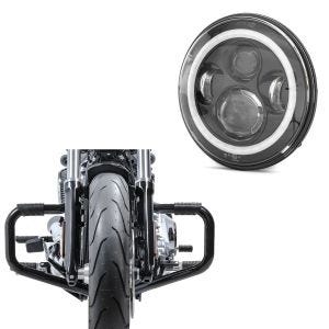 Sett: LED hovedlykt 7" egnet for Harley Davidson Fat Boy Special/ Lo med E-merke svart + crash bar Moustache II egnet for Harley Davidson Fat Boy Special/ Lo 10-17 svart
