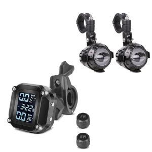 Sett med motorsykkel LED-tilleggslykter med kollisjonsstangholder Lumitecs MS1 + dekktrykkovervåkingssystem TPMS med temperaturmåler Tourtecs dekktrykktester digital