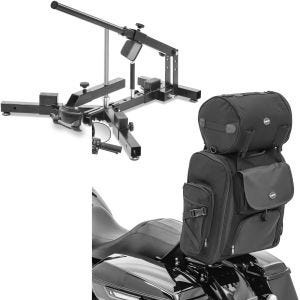 Sett: Dekkskifter for motorsykkeldekk 12-21" MD4 ConStands med sissy bar bag SXL halebag med bagasjerull i svart