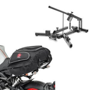 Sett: Dekkskifter for motorsykkeldekk 12-21" MD4 ConStands med motorsykkel halebag X50 bak 50Ltr i svart