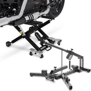 Sett: Motorsykkellift Midlift XL opp til 500kg i sort ConStands med dekkskifter for motorsykkeldekk 12-21" MD4