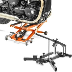 Sett: Motorsykkelløft Midlift XL opp til 500 kg oransje ConStands med dekkskifter for motorsykkeldekk 12-21" MD4