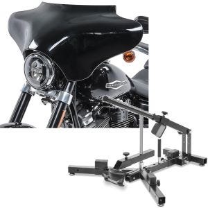 Sett: Batwing fairing egnet for Harley Davidson Road King / Softail / Fat Boy Craftride svart + motorsykkel dekkskifter ConStands for motorsykkeldekk 12-21" dekkskifter MD4