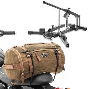 Sett: Dekkskifter egnet for M.Dekk 12-21" MD4 ConStands med bakpose Vintage 25L lerretsryggsekk bagasjerull brun