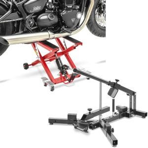 Sett: Motorsykkelløft Midlift XL opp til 500kg i rødt ConStands med dekkskifter for motorsykkeldekk 12-21" MD4
