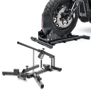 Sett: Dekkskifter egnet for M.Dekk 12-21" MD4 ConStands med motorsykkelvippe Easy Vario forhjulsklemme justerbar svart