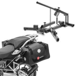 Sett: Dekkskifter for motorsykkeldekk 12-21" MD4 ConStands med salvesker Vanntett RB25 med rullelukking