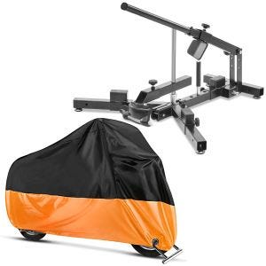 Sett: Dekkskifter for motorsykkeldekk 12-21" MD4 ConStands med motorsykkelpresenning XXL deksel i sw-oransje