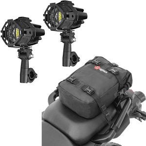 Sett: Motorsykkel LED tilleggslykt med kollisjonsstangholder S22X Lumitecs med bakpose KH1 ryggsekk 10 liter svart