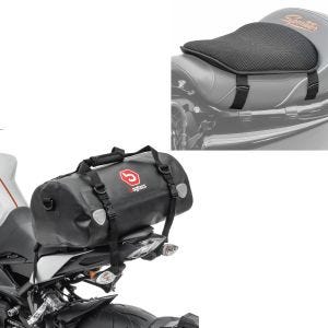 Sett: Motorsykkel halebag Drybag XF30 vanntett volum 30l Bagtecs med gel setepute M universal komfortpute svart