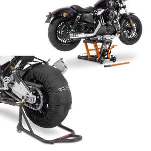 Sett: Motorsykkel dekkvarmer Billown 60-80-95 °C 17" sw ConStands med lift Midlift L opp til 680 kg oransje