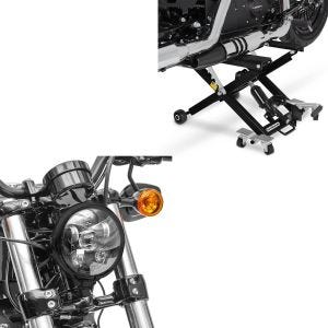 Sett: Motorsykkelløft ConStands Midlift XL motorsykkelløft opp til 500 kg i sort + LED-hovedlys 5,75 tommer egnet for Harley Davidson-hodelykt svart Craftride