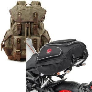 Sett: Motorsykkelryggsekk canvas RG8 vintage motorsykkelveske 20L retro grønn Craftride med haleveske X50 bakre 50Ltr svart