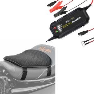 Sett: Motorsykkel batterilader BC2 helautomatisk 1500mA Lumitecs med gel setepute M universal komfortpute sw