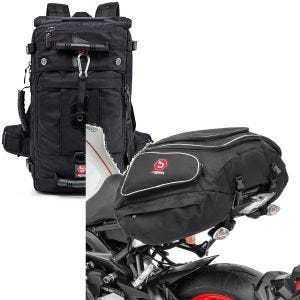 Sett: Motorsykkelryggsekk HK4 haleveske 45Ltr i svart Bagtecs med motorsykkelhaleveske X50 bakre 50Ltr i svart
