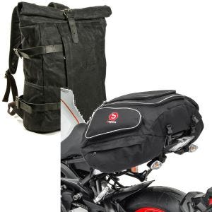 Sett: Motorsykkelryggsekk Canvas VR2 Vintage motorsykkelveske 20Ltr Retro sw Craftride med haleveske X50 bak 50Ltr sw
