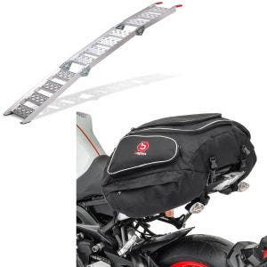 Sett: Motorsykkeltilgangsrampe opp til 270 kg Alu-III tre ganger sammenleggbare ConStands med motorsykkel halebag X50 bak 50Ltr i svart