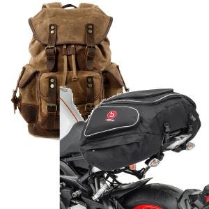 Sett: Motorsykkelryggsekk canvas RG8 vintage motorsykkelveske 20L retro brun Craftride med haleveske X50 bakre 50Ltr svart