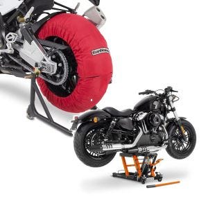 Sett: Motorsykkel dekkvarmer Laguna Seca 60-80°C 17" rød ConStands med lift Midlift L opp til 680 kg oransje