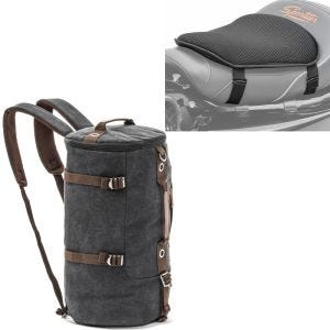 Sett: Motorsykkelryggsekk Canvas VG8 halebag Vintage 35Ltr sw Craftride med gel setepute M Universal komfortpute sw