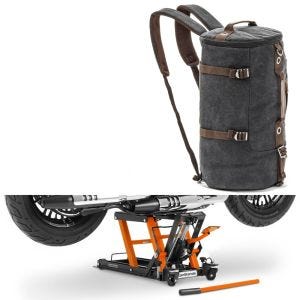 Sett: Lift Midlift L opp til 680 kg eller ConStands med motorsykkelryggsekk Canvas VG8 Vintage 35Ltr svart