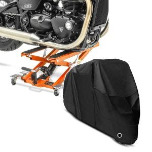 Sett: Motorsykkellift Midlift XL opp til 500 kg oransje ConStands med motorsykkelpresenning XL-deksel i svart