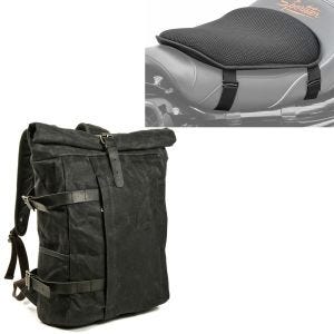 Sett: Motorsykkelryggsekk Canvas VR2 Vintage motorsykkelveske 20Ltr Retro sw Craftride med gel setepute M univ