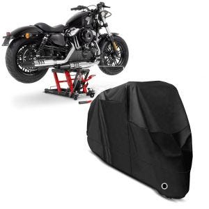 Sett: Lift Midlift L egnet for chopper / custom sykkel opp til 680 kg i røde ConStands med motorsykkelpresenning XL deksel sw CB38620