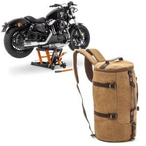 Sett: Lift Midlift L opp til 680 kg eller ConStands med motorsykkelryggsekk Canvas VG8 Vintage 35Ltr brun