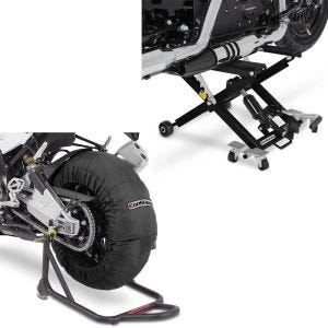 Sett: Motorsykkel dekkvarmer sett Billown 60-80-95 °C 17" sw ConStands med lift Midlift XL motorsykkeljekk opp til 500kg sw