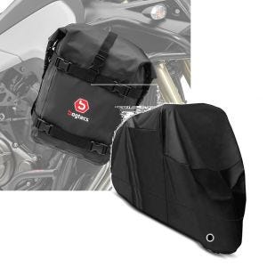 Sett: Motorsykkel crash bar bag egnet for crash bar K4 Dry Bag vanntett 10 liter Bagtecs med presenning XL deksel svart