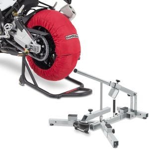 Sett: Motorsykkel dekkvarmer sett Laguna Seca 60-80°C 17" i rødt ConStands med dekkskifter egnet for M.Dekk 12-21" MD4Z