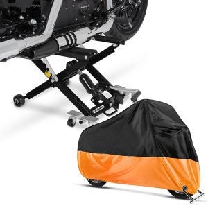 Sett: Motorsykkellift Midlift XL opp til 500 kg i sort ConStands med motorsykkelpresenning XXL-trekk i sort oransje