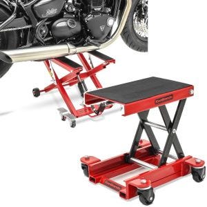 Sett: Motorsykkelløft Midlift XL opptil 500 kg i rødt ConStands med motorsykkelløft HR1 Mini-Lift Mover opptil 500 kg rød